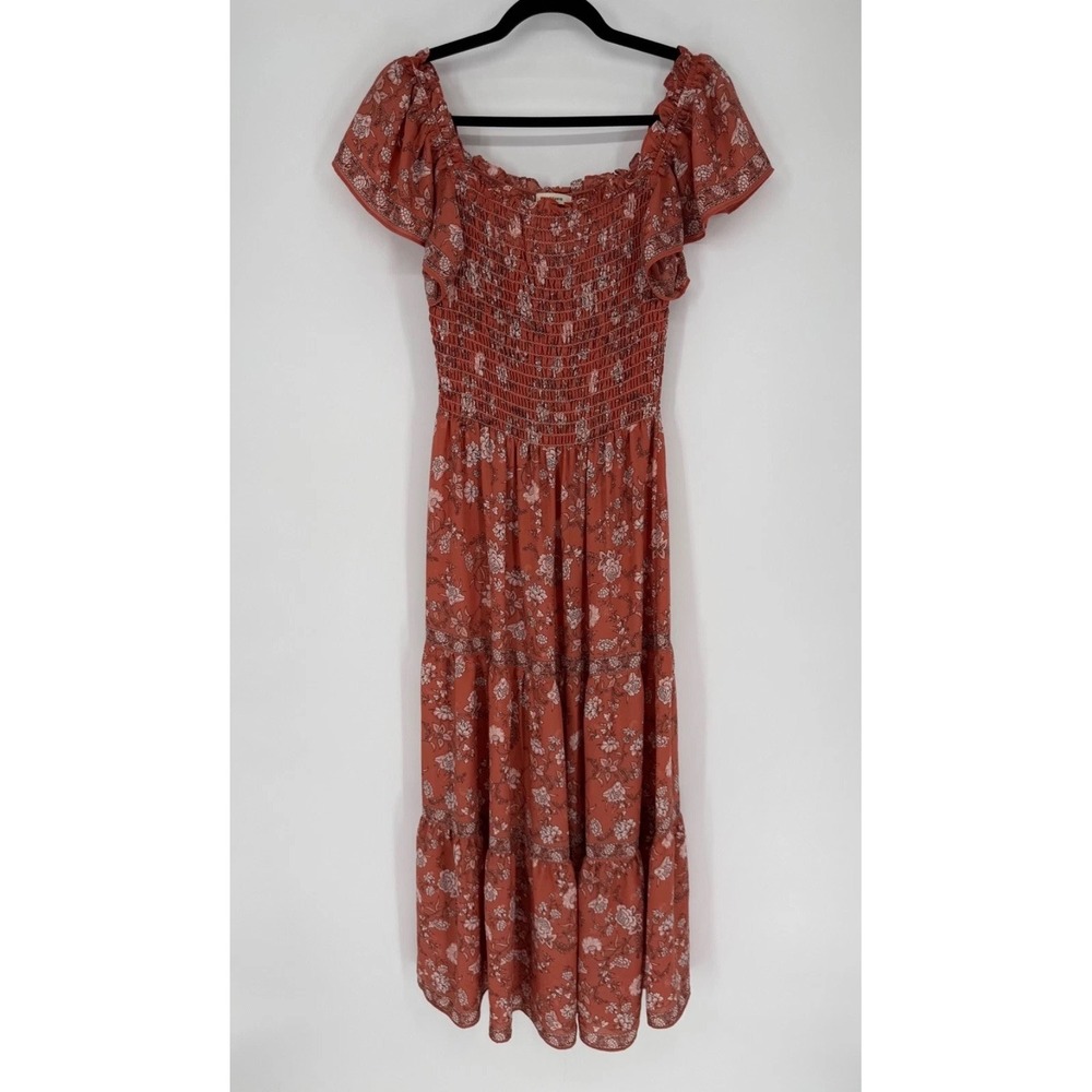 Max Studio Maxi Dress Medium Orange Floral Flutter Sleeve Smocked Festival Fairy